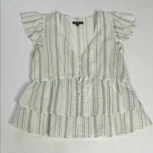 Flag and Antham White and Green Striped Ruffle Blouse